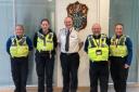 Chief Constable Mark Roberts with Chester Local Policing Unit PCSOs, from left, Jo Pendrey, Lauren Swindells, Keith Bartlett and Wendy Leason