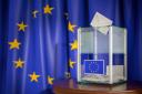 Ballot box with European Union EU flag. 3d illustration.