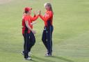 England's Sophie Ecclestone celebrates taking the wicket of New Zealand's Anna Peterson during the T20 Tri Series match at the County Ground..