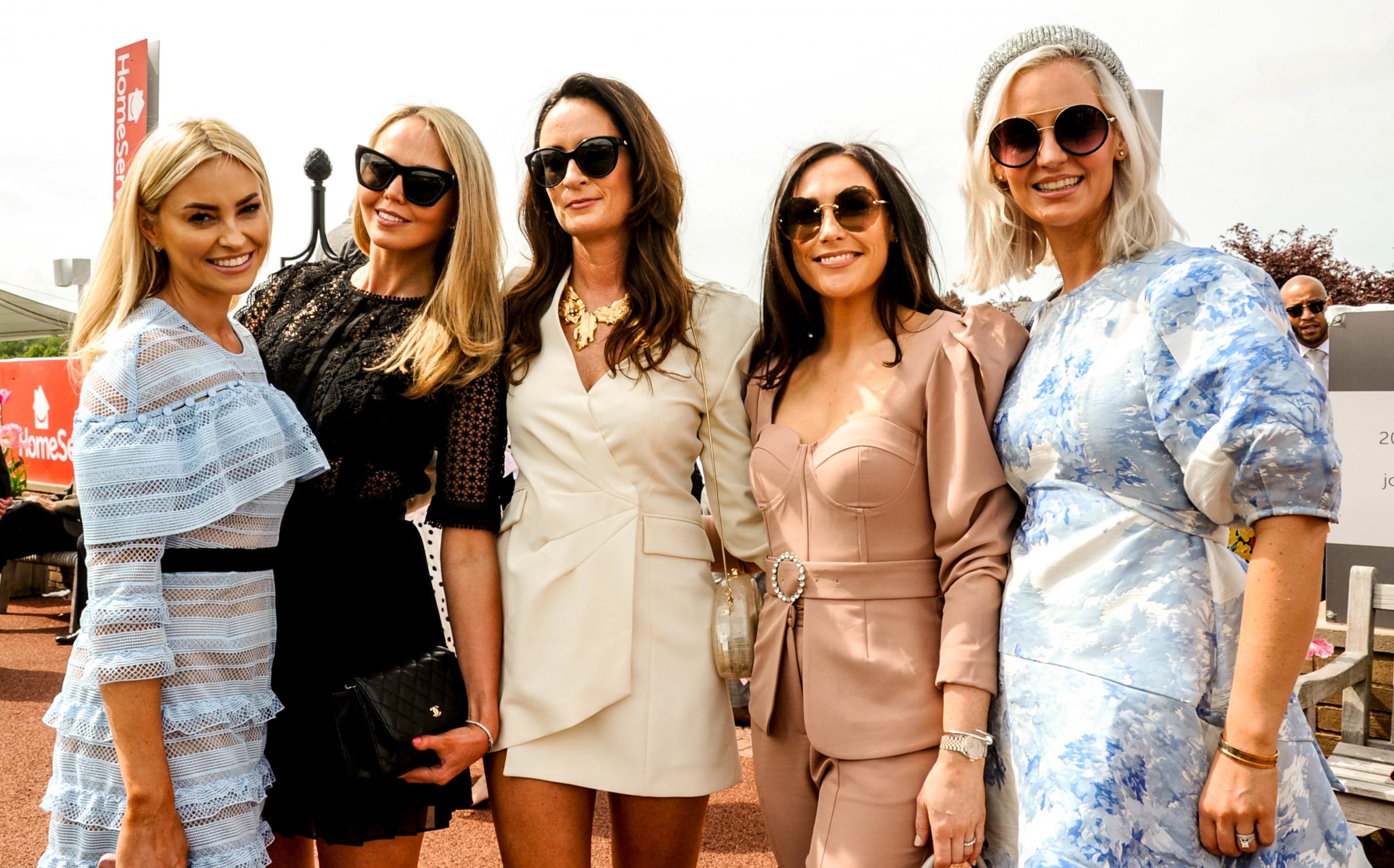 Chester Racecourse, Boodles May Festival Ladies Day. Picture Freya Cork, Jessica Hughes, Hellen Murray, Rebecca Westwood and Molly Goren. Picture: Simon Warburton.