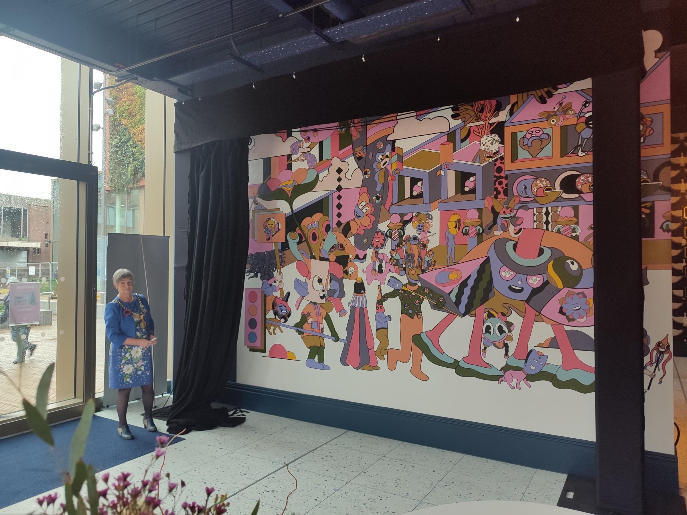 The mural at the Picturehouse Chester cinema, created by artist Murugiah, officially unveiled by Lord Mayor of Chester Cllr Sheila Little.