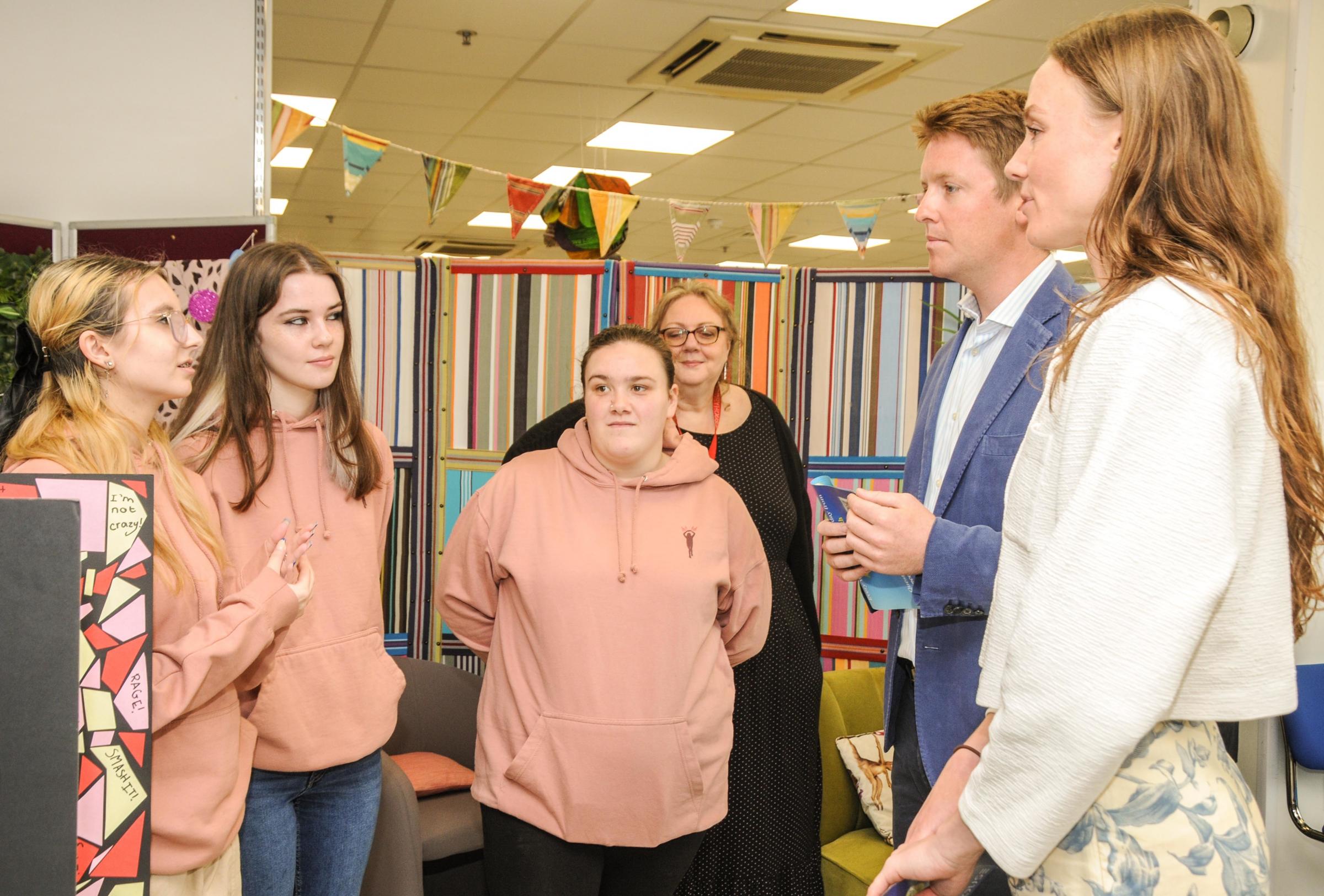 The Duke of Westminster and Olivia Henson at Storyhouse Studio with Dont Tell Me to Calm Down organisers Kera-Leigh Gilmartin, Alice Hutcheson and Jinny Madox. 