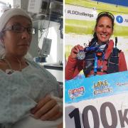 Sara in hospital following her surgery in 2018 and completing the Lake District Ultra Challenge this year.