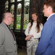 The Duke of Westminster accompanied by fiancée Olivia Henson at Chester Cathedral, talking to The Very Revd Dr Tim Stratford. Photo: Simon Warburton.