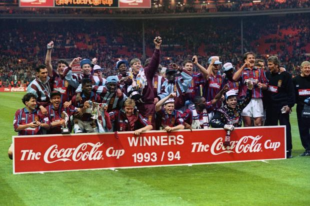 WINNERS: Aston Villa celebrate lifting the 1993/94 League Cup after beating Manchester United.