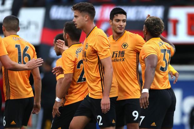 Wolverhampton Wanderers' Raul Jimenez (centre right) celebrates scoring his side's first goal of the game with team mates during the UEFA Europa League second qualifying round second leg at Seaview, Belfast. PRESS ASSOCIATION Photo. Picture date: 