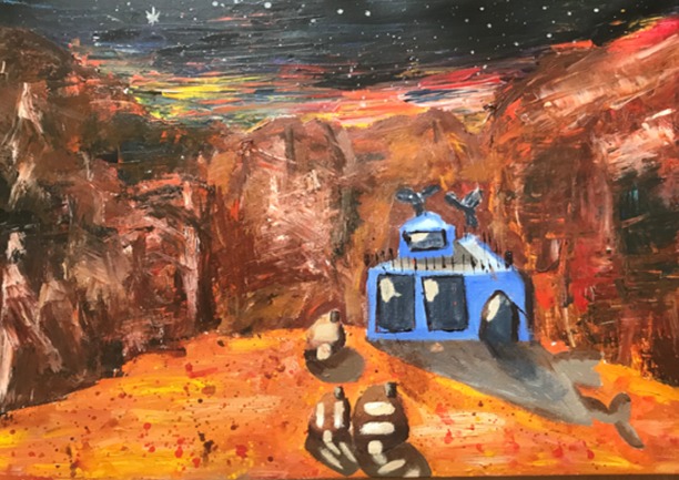 Ellesmere Port Catholic High students award-winning Life on Mars project. A Year 7 pupils painting showing the first landing by humans on Mars.