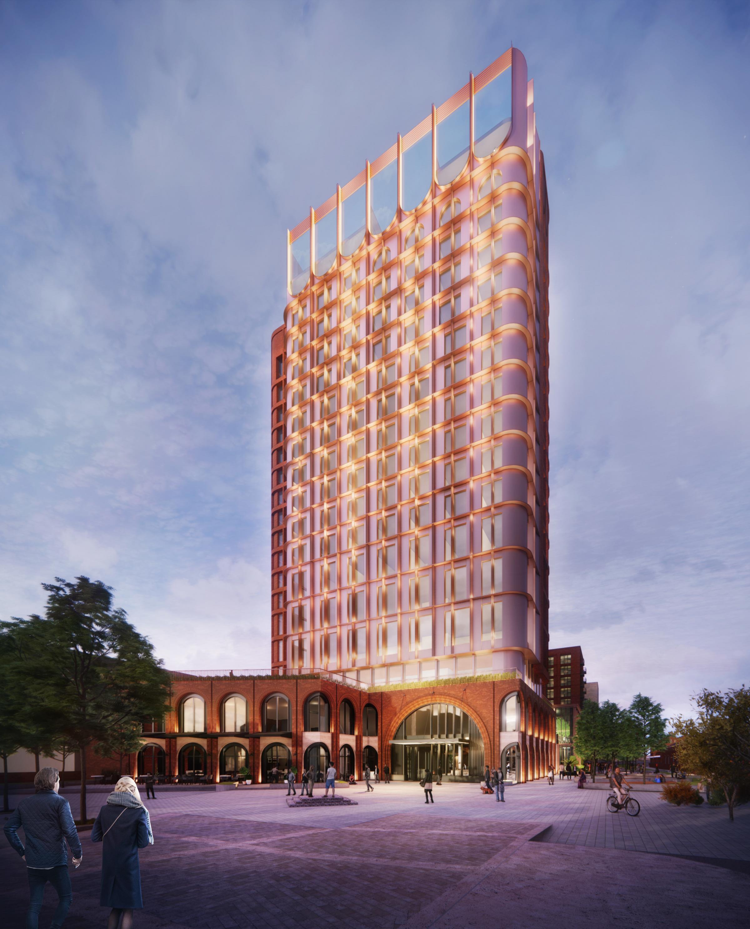 The landmark 17-storey building will house a hotel, co-working space, bars and restaurants. Picture credit: Jestico+Whiles.