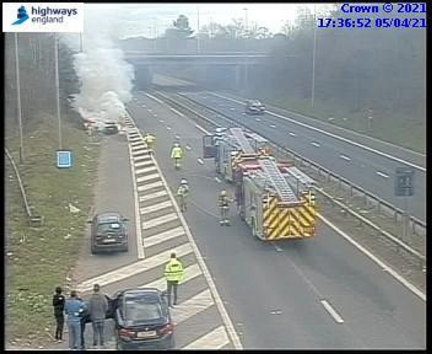 The car fire on the M53 motorway. Picture: Highways England.