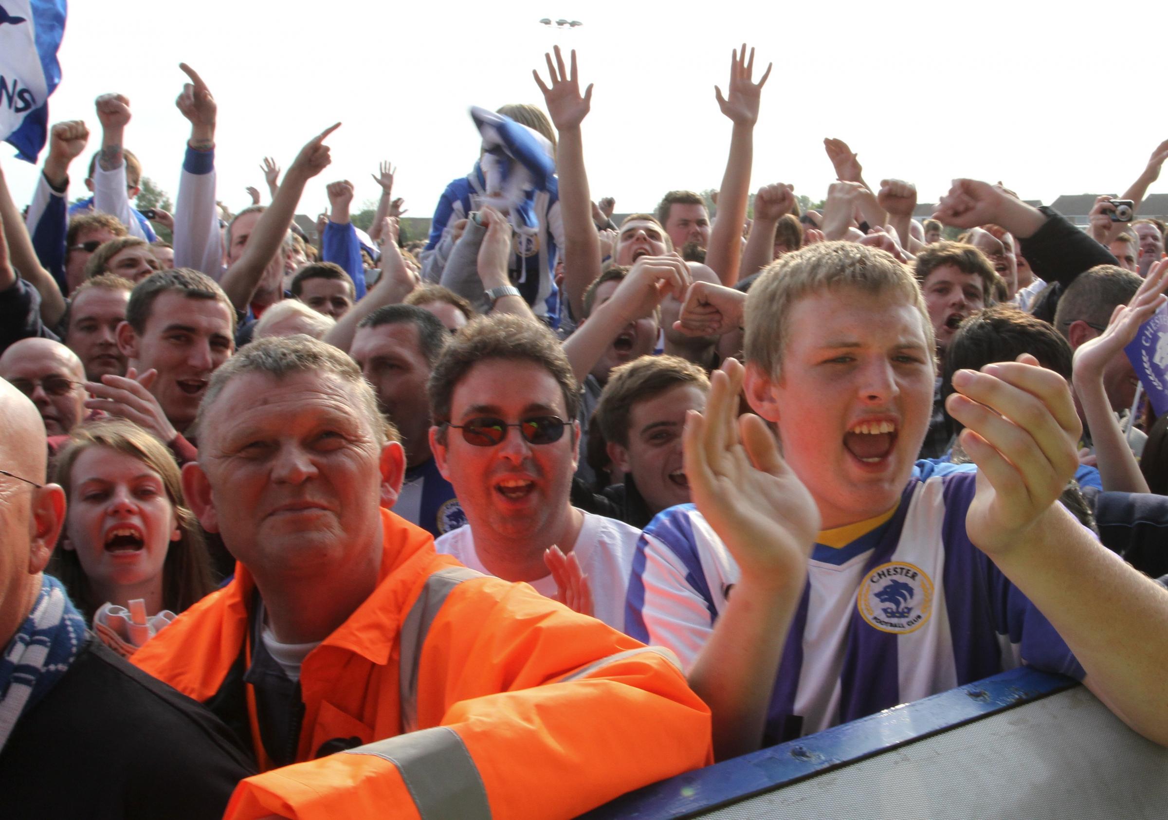 Jubilant scenes of Chester FC in 2011, having clinched the Evo-Stik Division One North title - just - on the final day of the season. Pictures: RICK MATTHEWS.