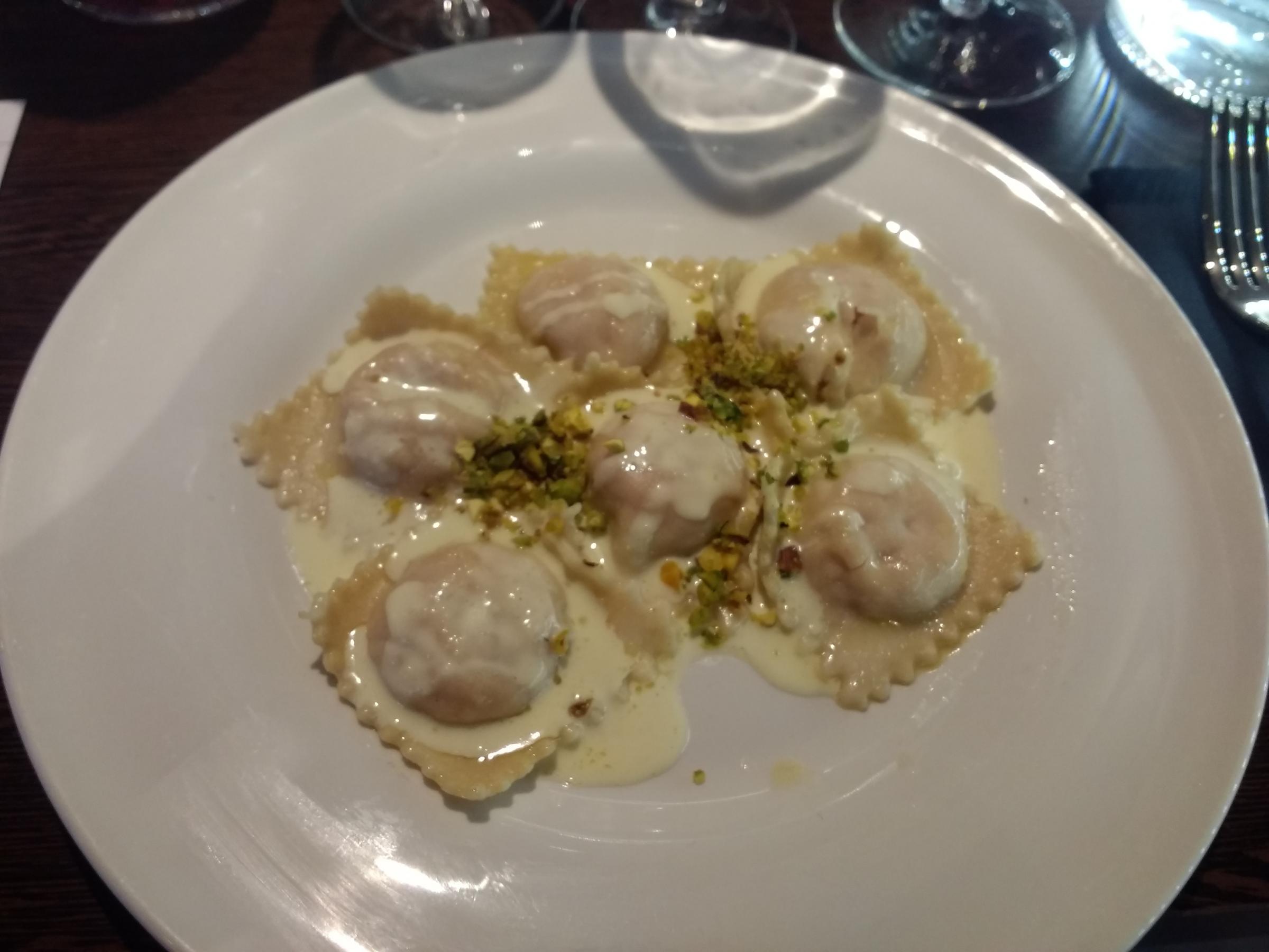 From the Da Noi spring menu taster evening: Ravioli ripieni di Mortadella; Mortadella filled ravioli, PDO pecrorino sauce, pistachios.
