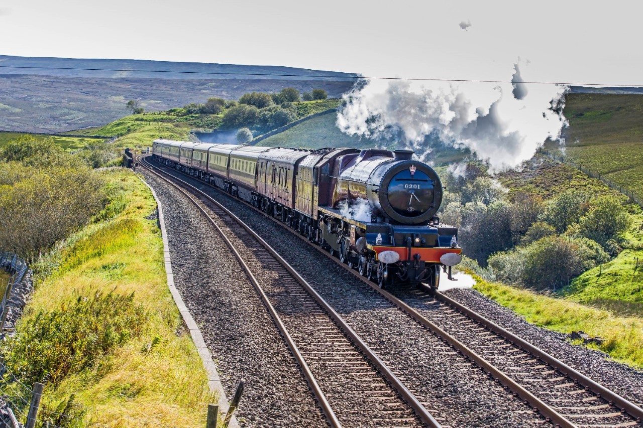 Crimson-painted locomotive Princess Elizabeth hauls the Northern Belle’s Pullman carriages over the Settle-Carlisle line. Picture: Channel 5.