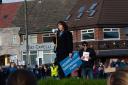 Cllr Jenny Johnson speaking at a Leverhulme protest.