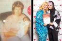 Gaynor Budd, pictured before her slimming success (left), and (right) collecting her Decades of Dedication award from Slimming World founder Margaret Miles-Bramwell.