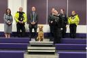 Cheshire Police and WDP New Beginning staff with drug detection dog Otis at Blacon High School.