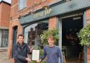 Edward Timpson MP presenting the award  to Myles Carr of the Little Tap in Tarporley.