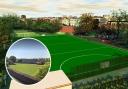 How the new hockey pitch would look (image: planning application) and, inset, The Queen's School site (Google Street View).