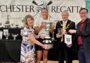 Magnificent Meg Knight of Trentham BC winner of W 1x City of Chester Cup with Jan Chillery Regatta Secretary, Lord Mayor Cllr John Leather and Chris Matheson MP of Chester.