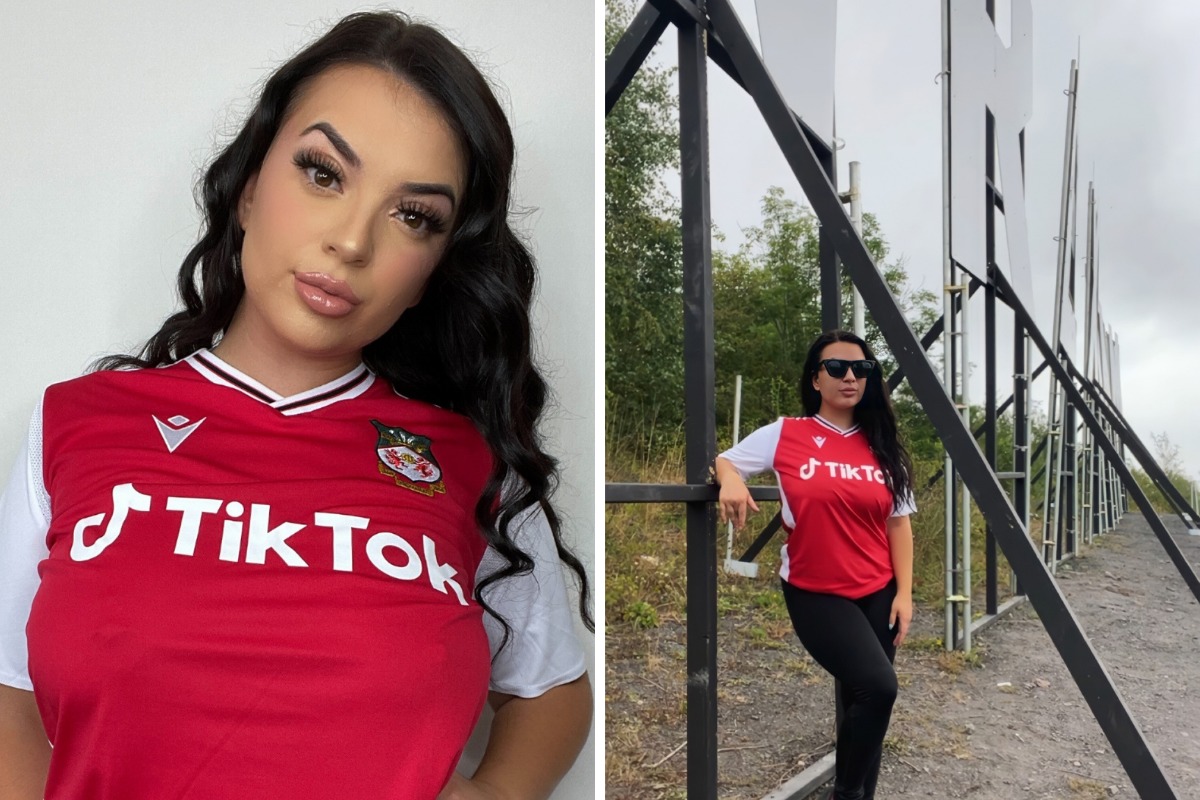 Model Alaw Haf in the new Wrexham AFC home shirt.