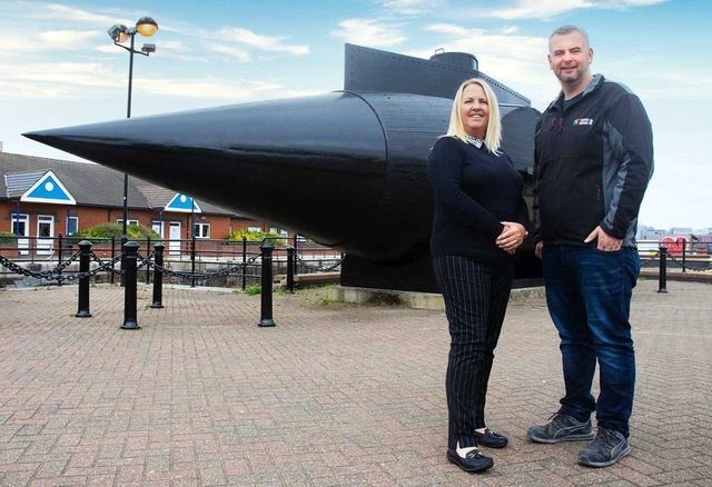 Sharon Stanton and Dave McCormick by the Resurgam submarine at Woodside
