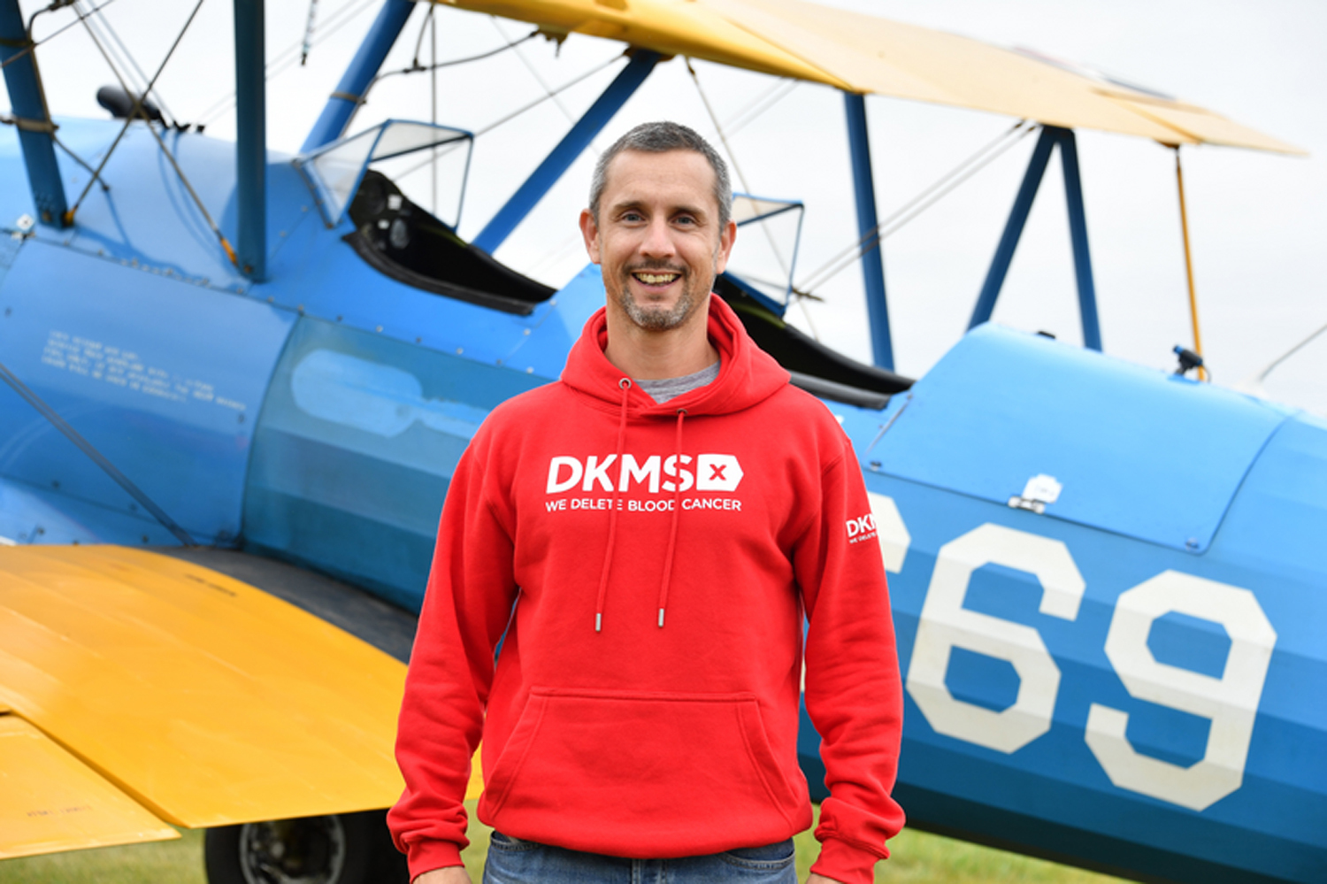Peter McCleave after completing a wing walk at Damyns Hall Aerodrome in Essex, to raise funds for the blood cancer charity.
