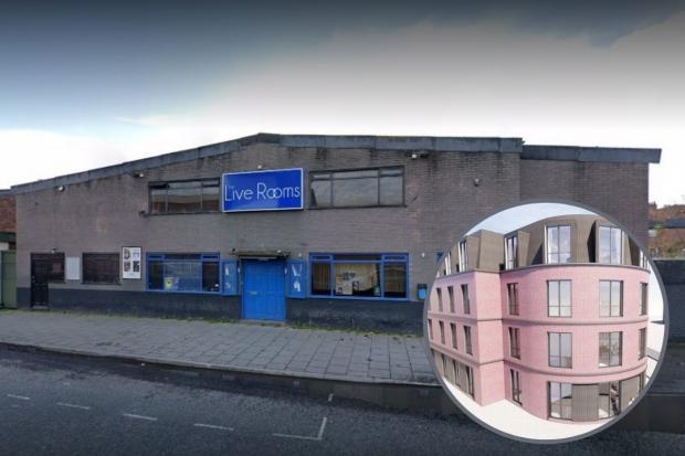The Live Rooms, Chester, (Google Street View) and, inset, the proposed apartment complex (Planning Application).