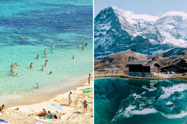 Chester and District Standard: (left to right) People playing in the sea and on the beach. Snowy mountains in Switzerland. Credit: Canva