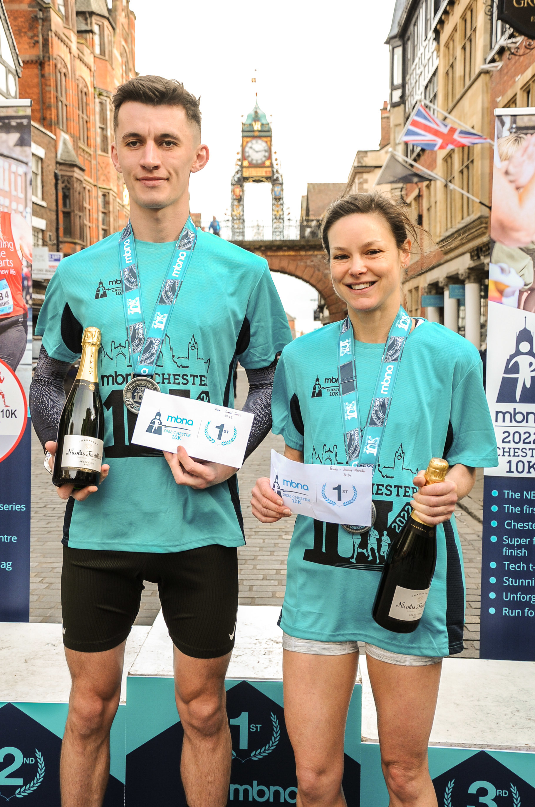 MBNA Chester 10K Race, Picture winners first man Daniel Jarvis from the Wirral and first Lady Joanna Marsden from Chester. SW13032022.