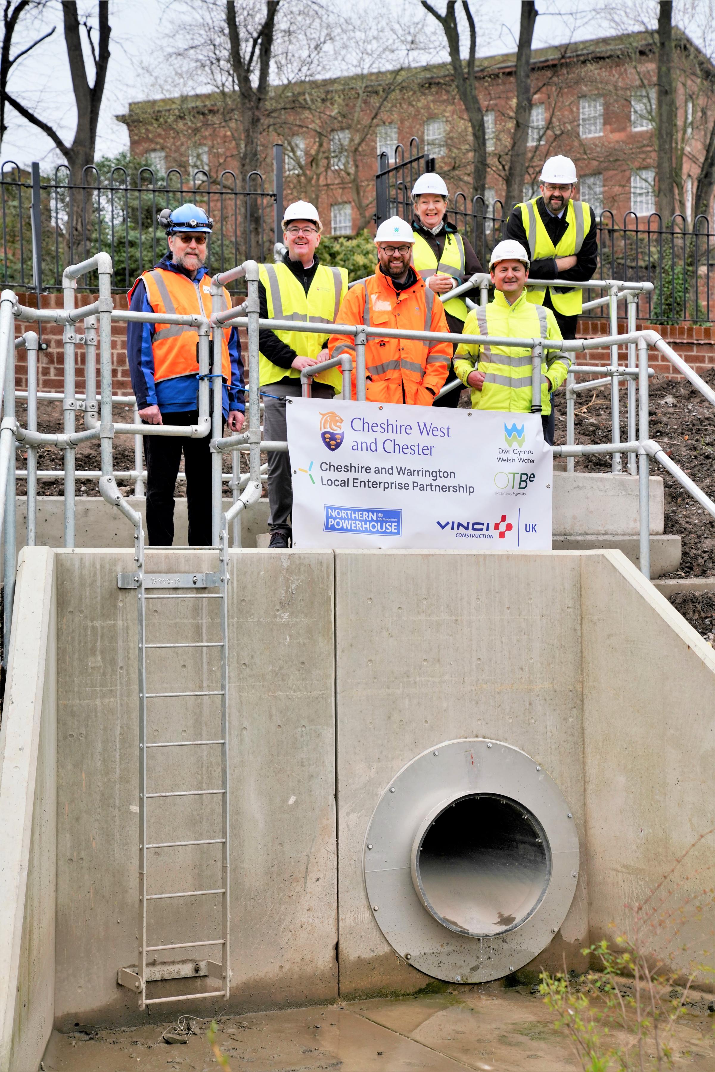 Stephen Beauchamp, Regions Director OTB Tunnel Project Managers; Chris Hindley, Cheshire & Warrington LEP; Henry Jones-Hughes, D?r Cymru Welsh Water; Cllr Samantha Dixon; Rob Symons, Vinci Construction; Andrew Lewis, Chief Executive, CWaC.