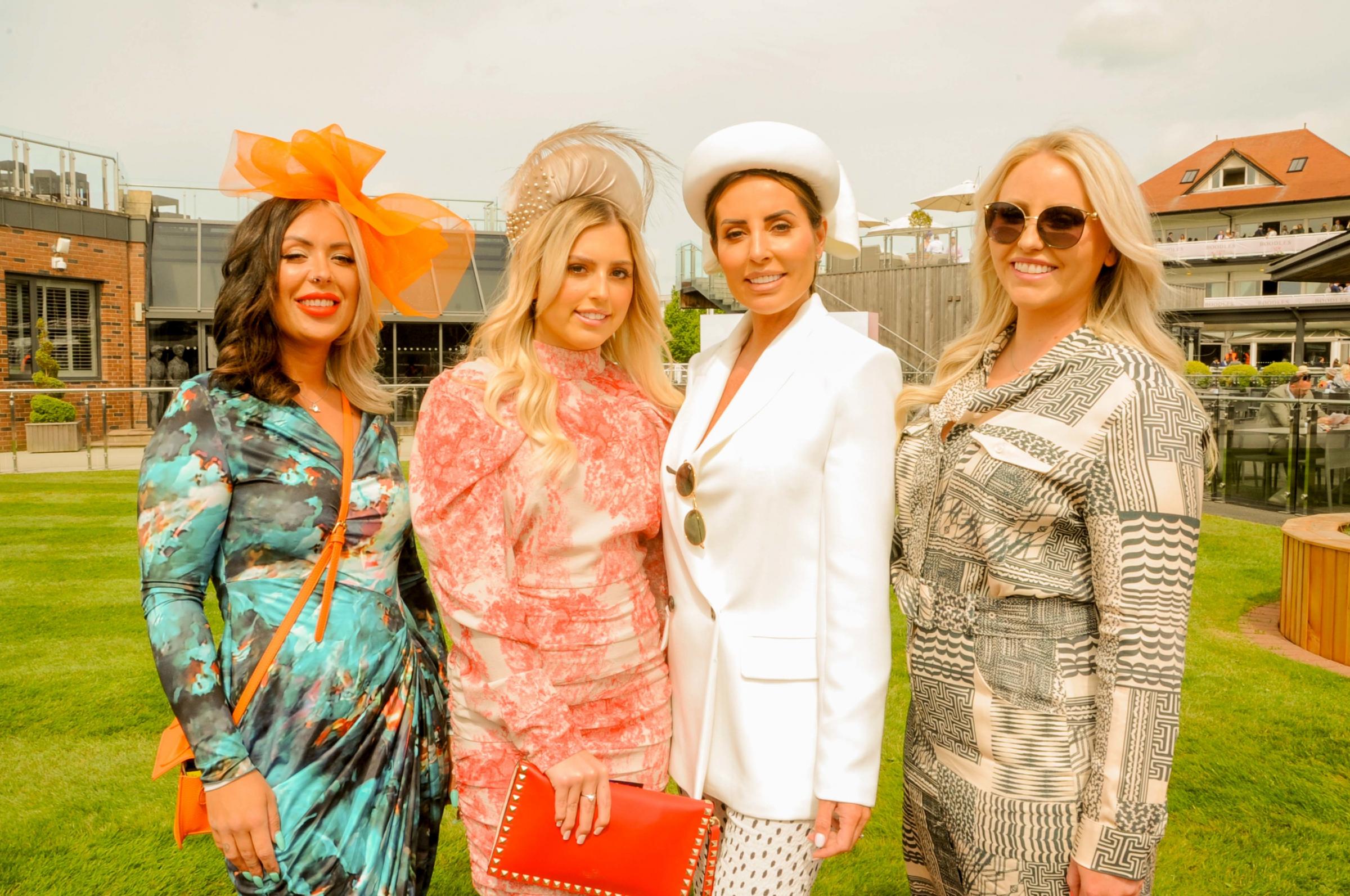 Chester Racecourse, Boodles May Festival Ladies Day. Picture Sharna Garvan, Georgia Moore, Natalie Hands and Samantha Rammell. Pictures: Simon Warburton.