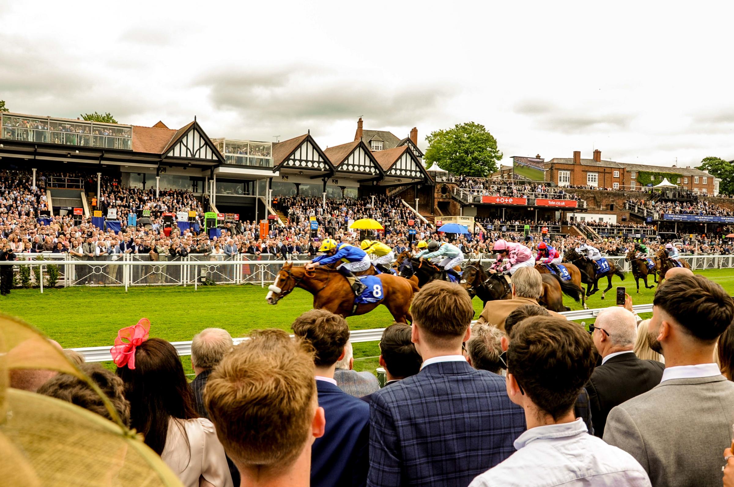 Chester Racecourse, Boodles May Festival Tote Chester Cup Day. Picture The first race, The ICM Stellar Sports Earl Grosvenor Handicap Stakes (Class 2) looking from the spectators. Picture: Simon Warburton.