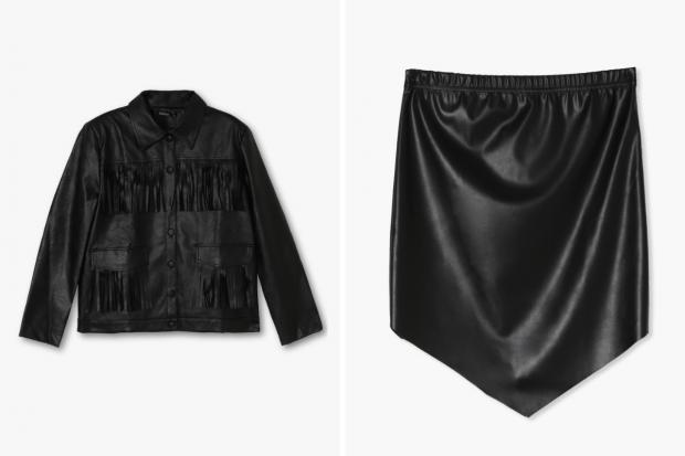 Chester and District Standard: (Left) Fringe Faux Leather Jacket and (right) Pointed Hem PU Mini Skirt in black (Boohoo/Canva)