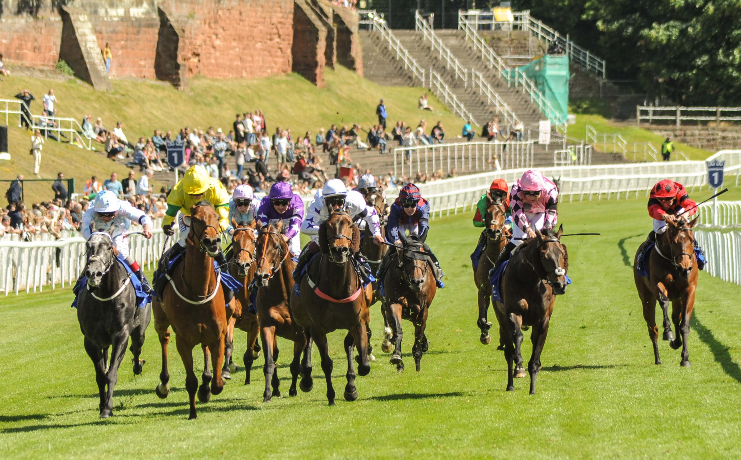 The featured race, the ICM Stellar Sports Handicap Stakes (Class 2) just in front No 7 Boardman - jockey David Allan in yellow. All pictures: Simon Warburton.