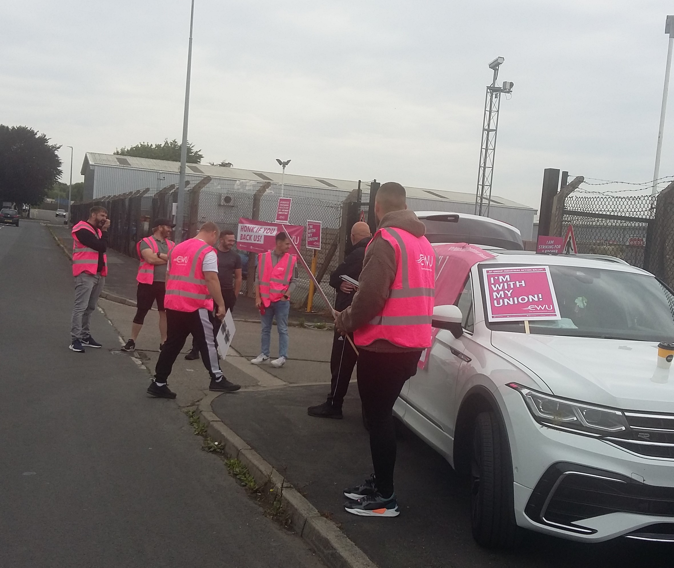 CWU members picket at the BT Openreach Hartford Way Transport Depot off Bumpers Lane, Chester, in a pay dispute.