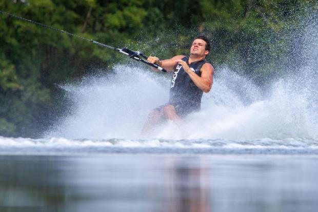 Chester and District Standard: Tom Heaps, barefoot trick skiing to win gold at the Europe & Africa Barefoot Waterski Championships in France. Picture: Mark Thomas