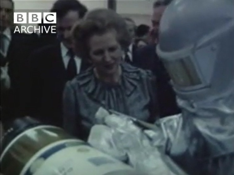 Prime Minister Margaret Thatcher visits the Marconi factory in Neston in 1981. Picture: BBC Archive.