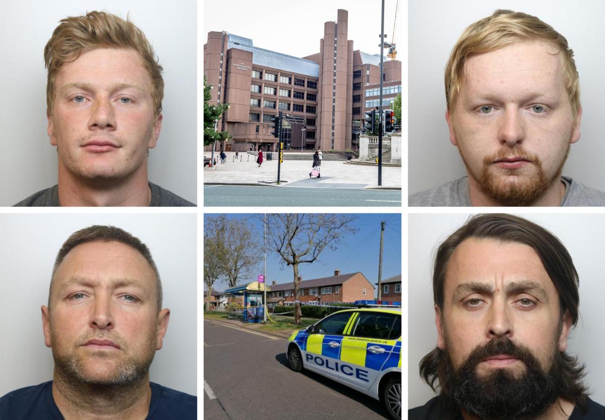 Clockwise from top left: Aaron Bretherton, Liverpool Crown Court, Anthony Morris, John Tobin, the crime scene on Poplars Avenue and Alan Tobin