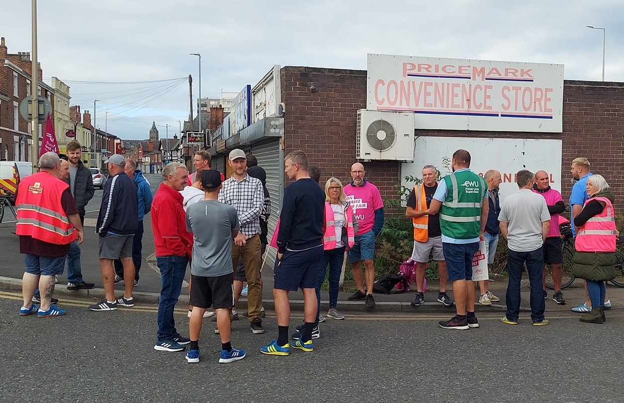CWU members strike for a better pay deal. Pictured are CWU members on the Hoole Bridge Delivery Office picket line. Photo by Felicity Dowling.