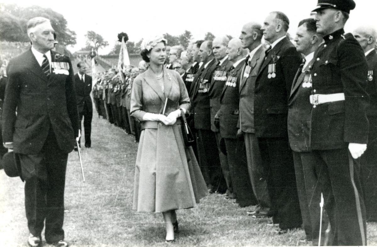 The Queen visiting Chester in July 1957 inspecting the Old Comrades of Cheshire on the Roodee, Chester.