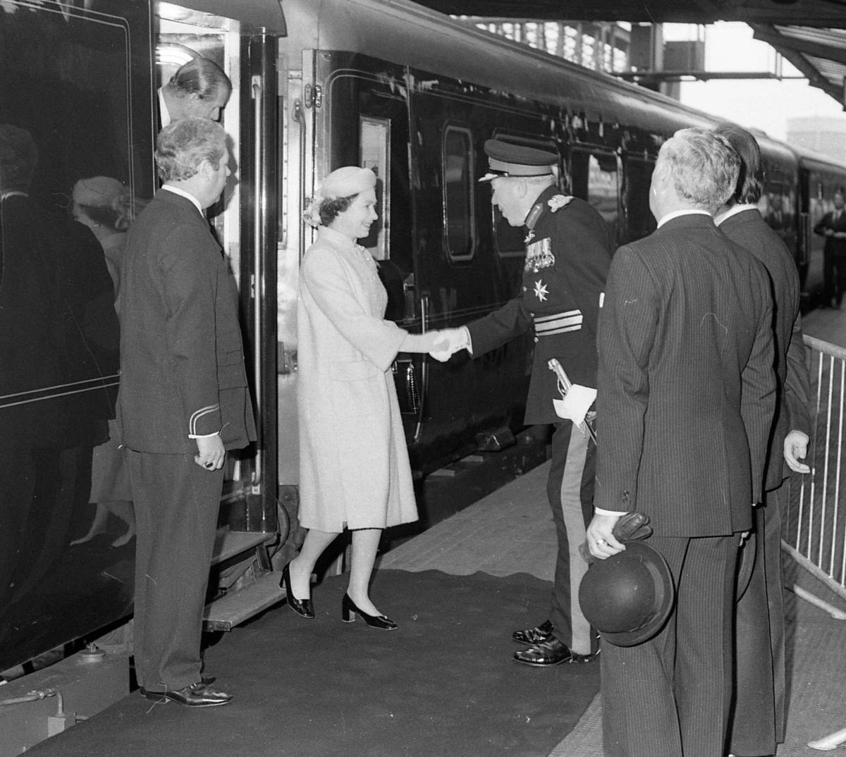 The Queen greeted off the royal train arriving at Chester Station in 1979.