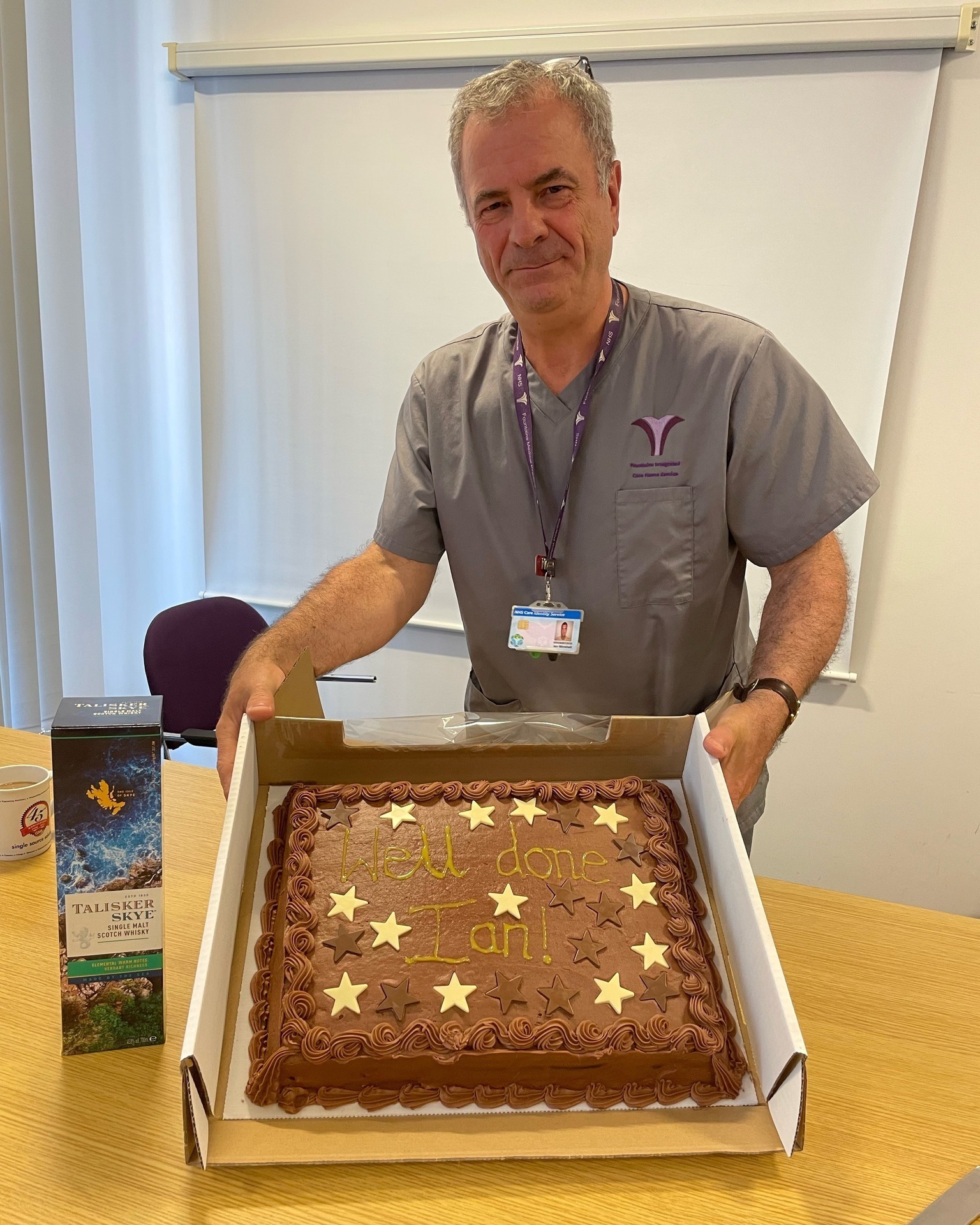 A cake presented to Dr Ian Minshull at the Fountains Medical Centre, Chester.