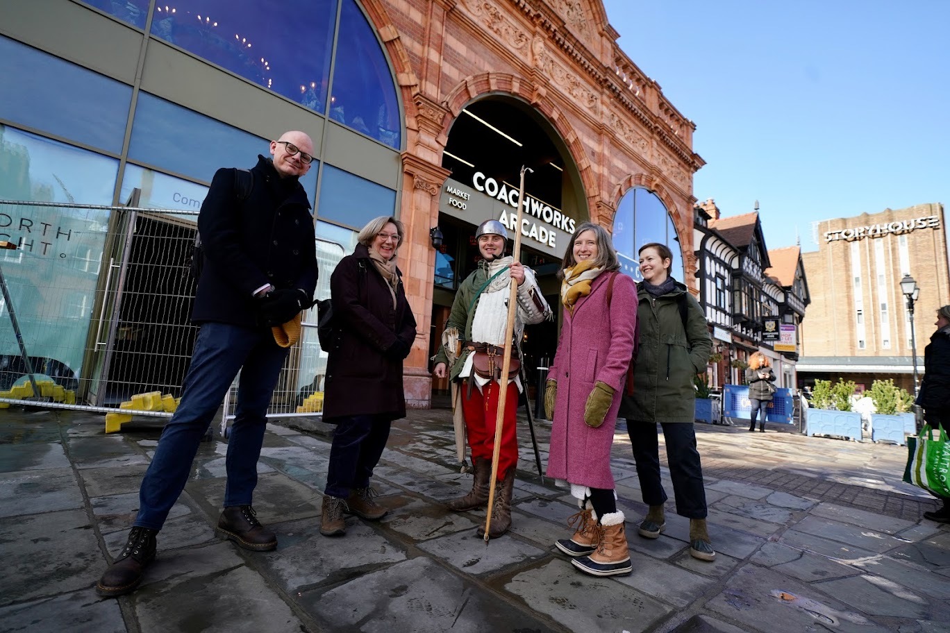 Cllr Richard Beacham, Samantha Dixon MP, Daniel Lowe (Guide in Medieval history from Roman Tours), Marie Smallwood (Head of Advice North, Historic England) and Pippa Brown (Historic Places Adviser, Historic England) outside of the refurbished Coachworks.
