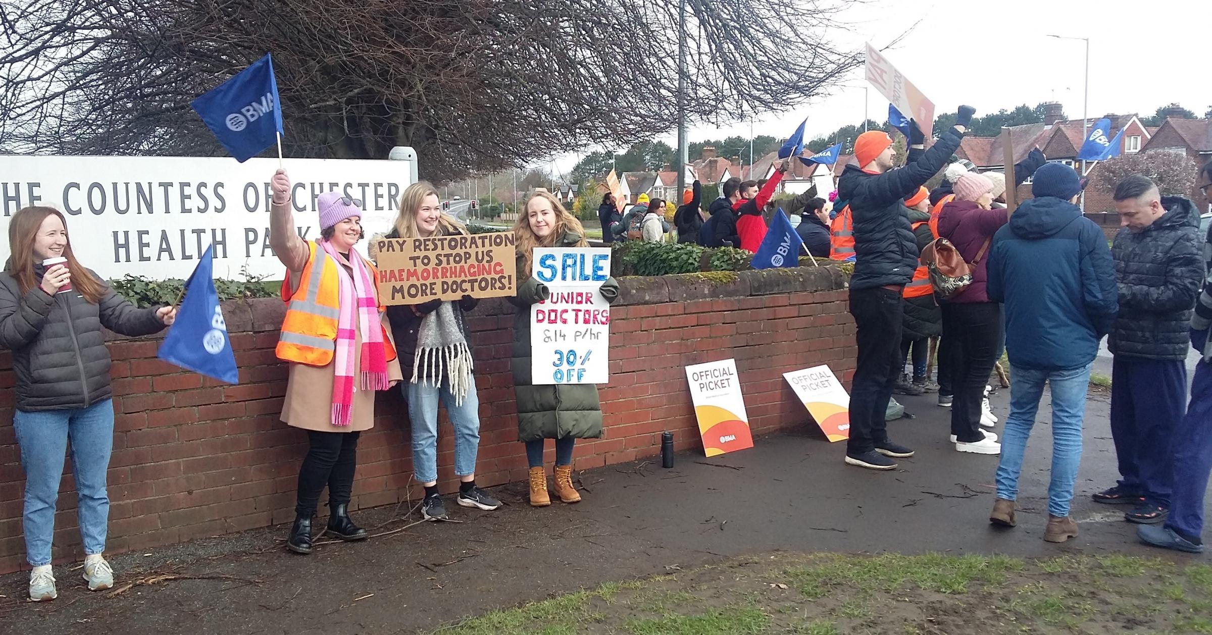 Junior doctors on strike at the Countess of Chester Hospital on Wednesday. Pictures: Ray McHale.