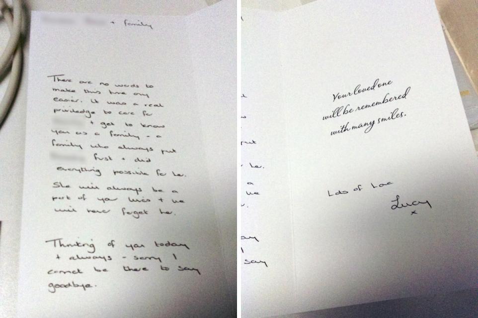 The sympathy card with Lucy Letbys handwriting. The names have been redacted. (Image: Crown Prosecution Service.)