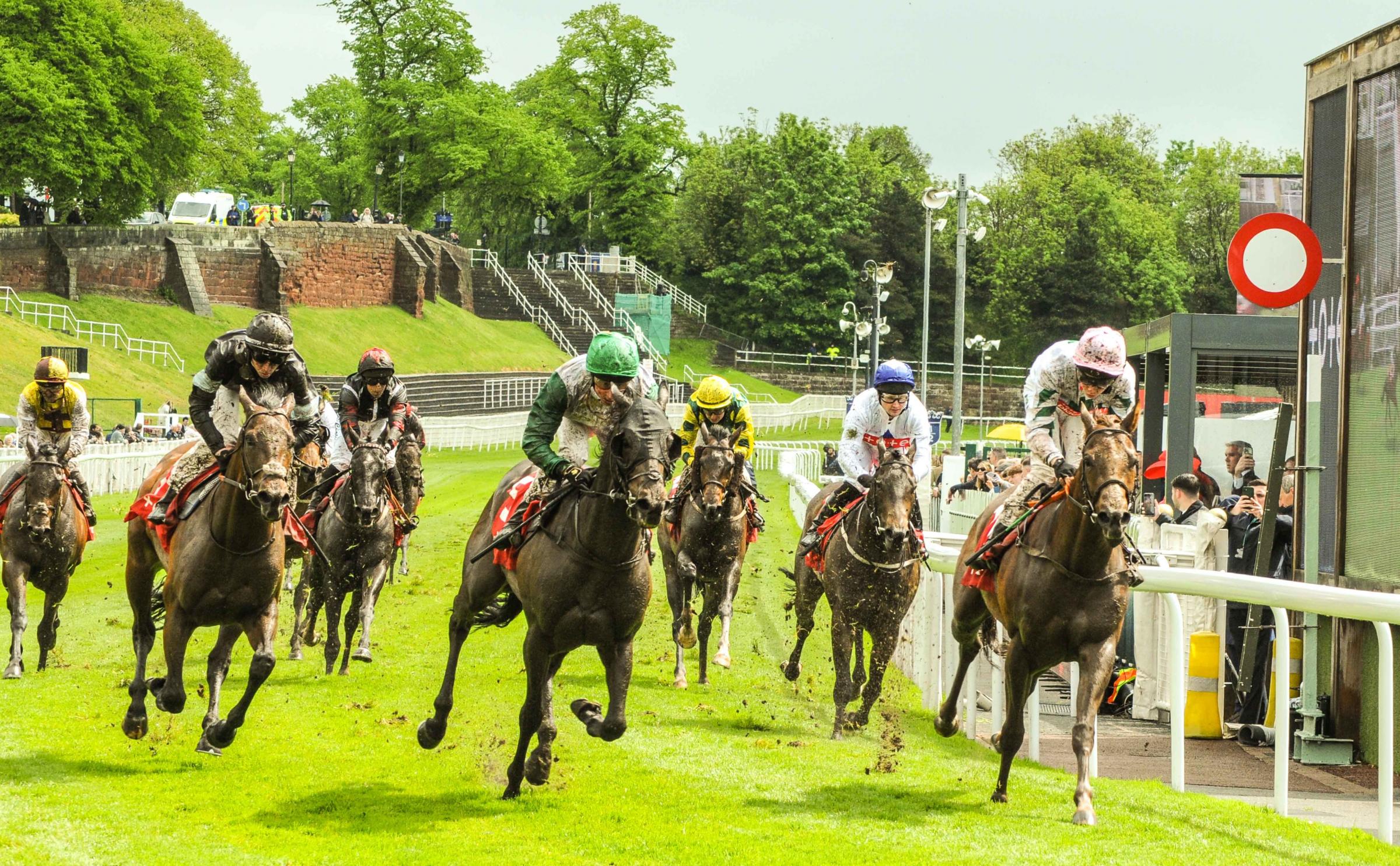 Chester Racecourse, Boodles May Festival City Day. Picture 2nd Race The tote £100K Guaranteed Placepot Every Day Handicap Stakes (Class 3) Winner No 5 Danger Alert Jockey William Buck. SW1052023.