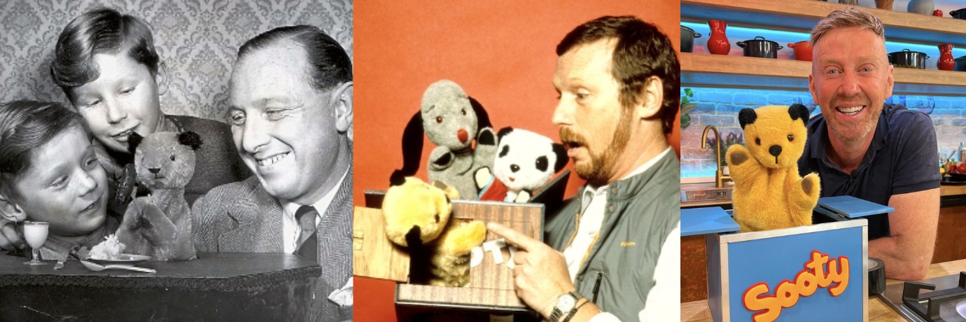 Sooty is celebrating his 75th birthday with a tour that heads to Storyhouse Chester. Pictured are Sooty and friends with Harry Corbett, Matthew Corbett and current right-hand man Richard Cadell.