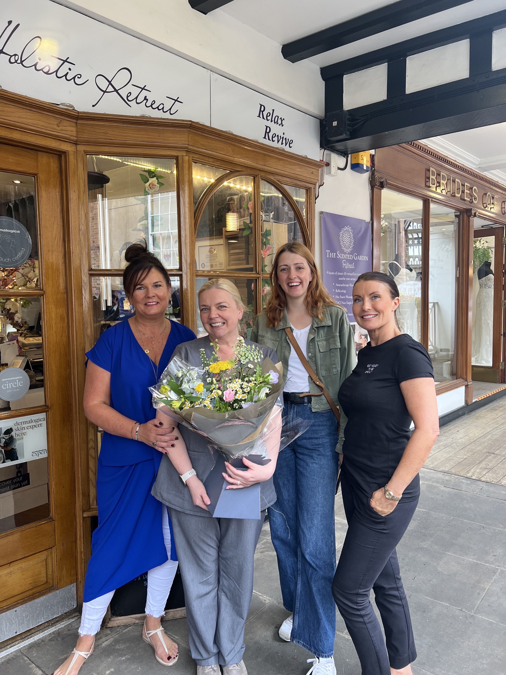 Chester business owner Dawn Robinson with Scented Garden owner Laura Heywood , Chester BIDs Luka Morrell with Leisa Roberts from Brow HQ.