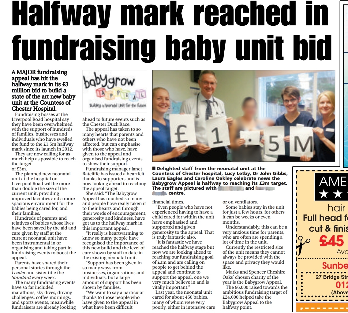 The Standards Babygrow Appeal page from 2015, featuring Lucy Letby, as the appeal reached its halfway point in fundraising.