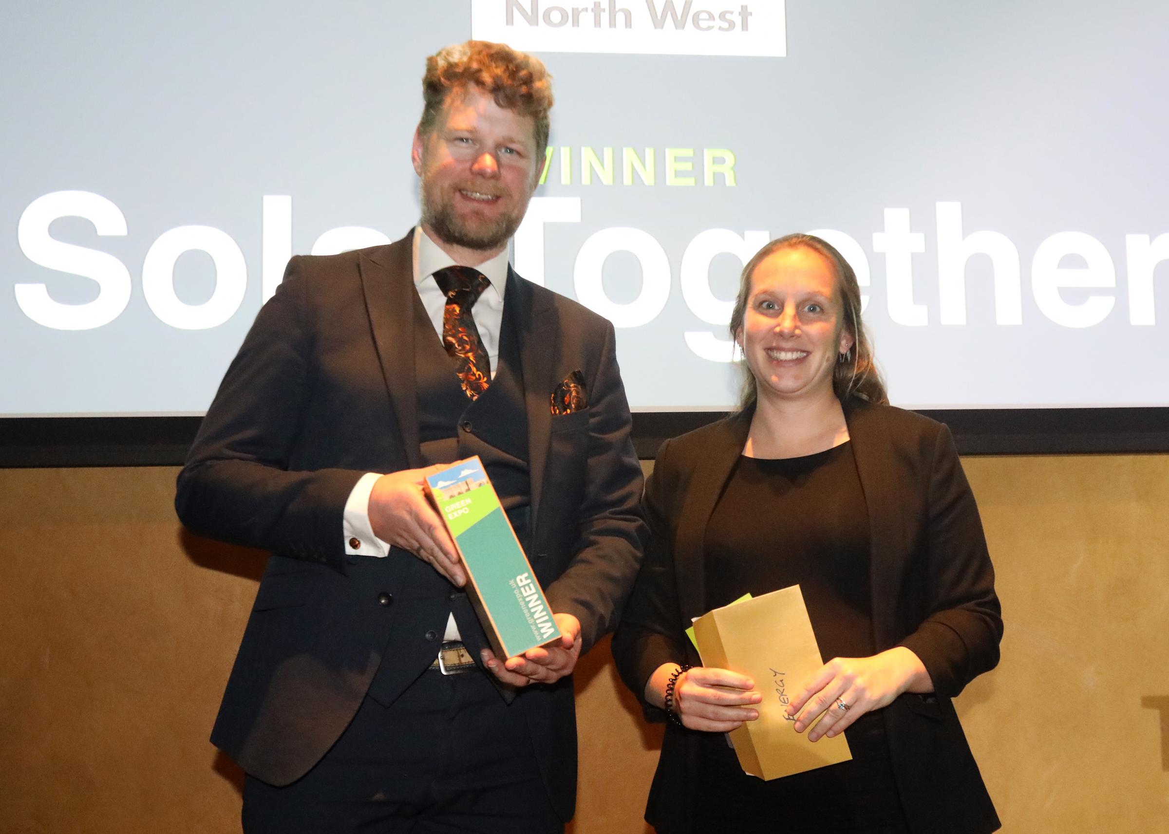George Ablett, Energy Sector Specialist - Economy and Housing at CWaC received the award on behalf of Solar Together Cheshire and Warrington and Rachel Sutton, HyNet Project Manager at Progressive Energy. Photo by Ian Cooper/Ian Cooper Photography.
