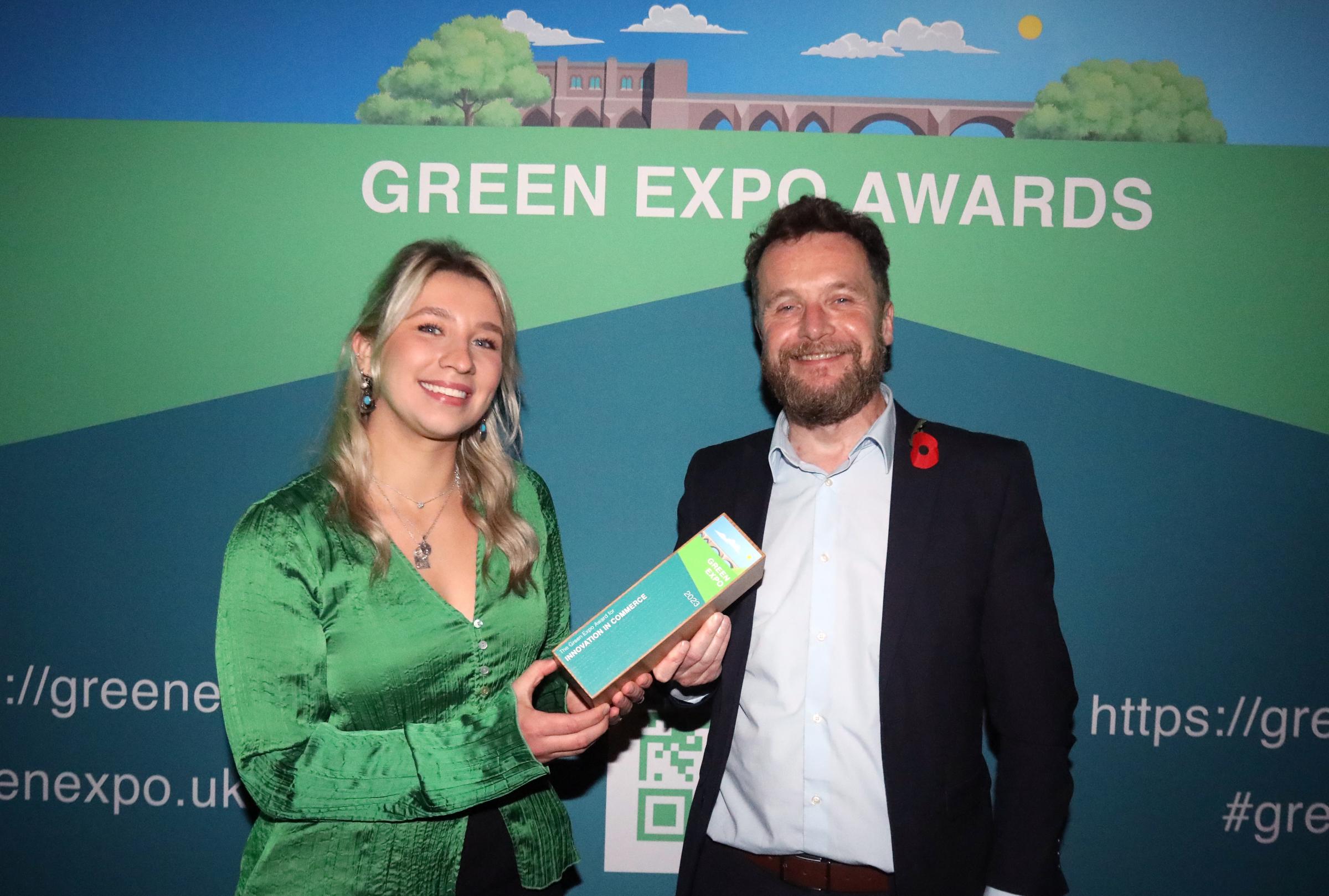Robyn Lees, Net Zero Innovation & Delivery Officer at Warrington Borough Council, received the award on behalf of Golden Square Shopping Centre and Ralph Kemp, Head of Environmental Services at Cheshire East. Photo: Ian Cooper/Ian Cooper Photography